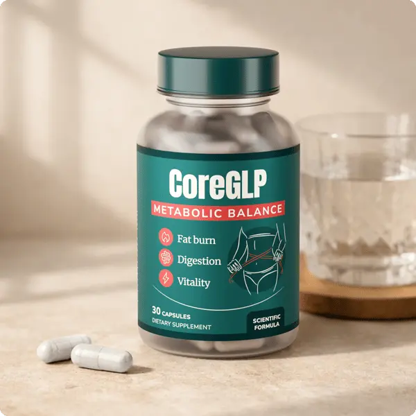 Pot de CoreGLP à côté d'un verre d'eau